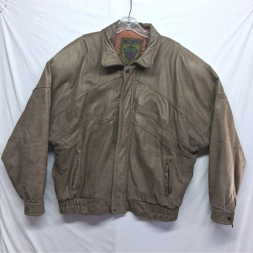 Midway Mens XL Brown 100% Leather Full Zip Flight Bomber Jacket Vintage Y2K
